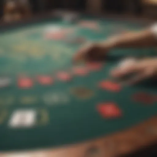 Overview of a six-deck blackjack table with cards and chips