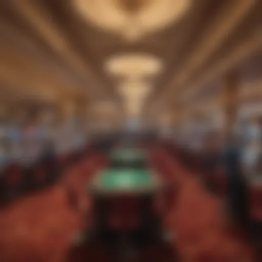 A panoramic view of a bustling casino floor showcasing gaming tables and slot machines.