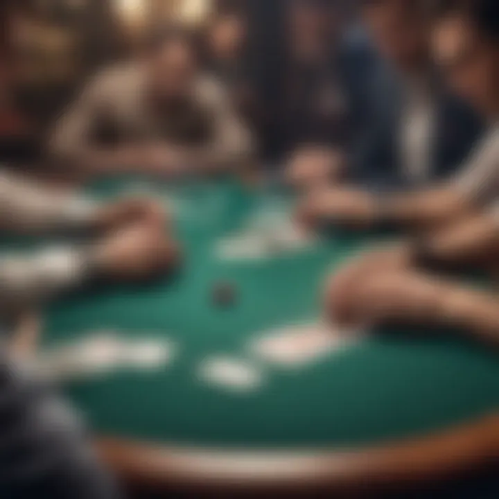 Close-up of a poker table with focused players strategizing their next moves.