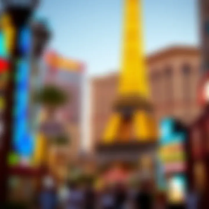 A vibrant view of the Eiffel Tower replica amidst the bustling Las Vegas Strip.