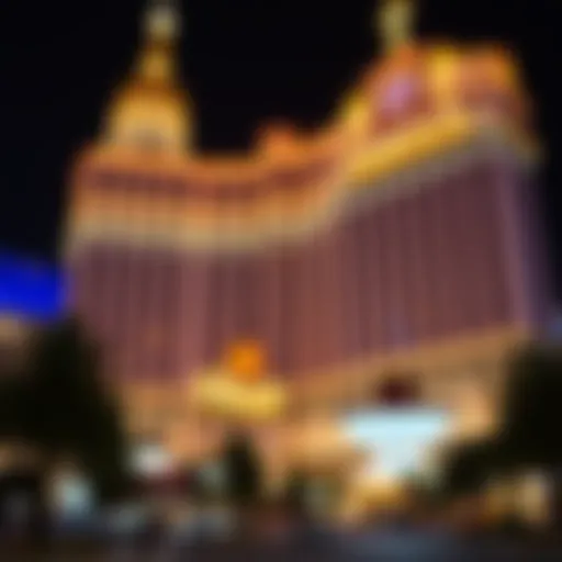 The stunning facade of Paris Las Vegas at night, illuminated with lights.