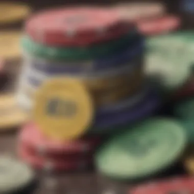 Close-up of colorful play money chips stacked for a game