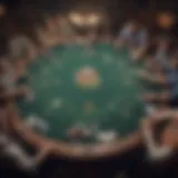 An intricate illustration of a poker table showcasing various players engaged in a gutshot scenario