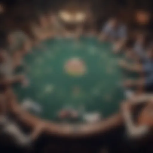 An intricate illustration of a poker table showcasing various players engaged in a gutshot scenario